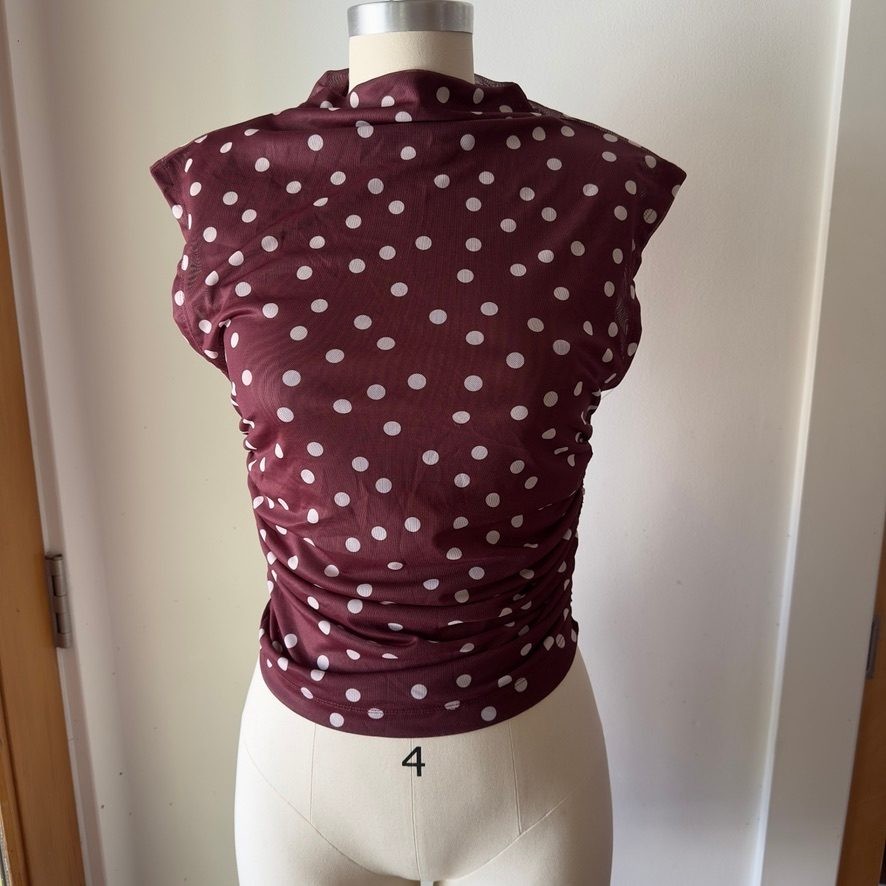NWT Maeve Anthropologie Burgundy Polka Dot Mesh Ruched Mock Neck Sleevess Top-XS NWT Maeve Anthropologie Burgundy Polka Dot Mesh Ruched Mock Neck Sleevess Top-XS