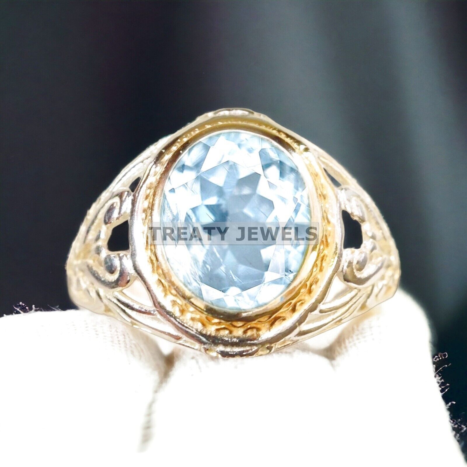 Aquamarine Oval Cut Gemstone With 14K Solid White Gold Ring For Men's #A176