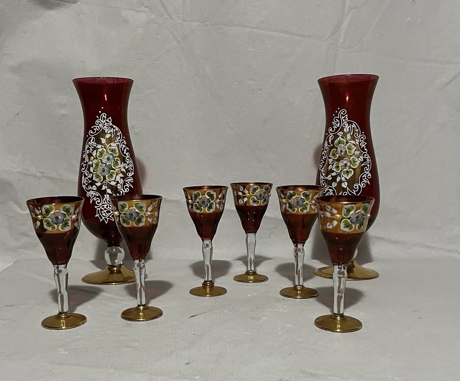 8pc Vintage Bohemian Ruby Red Glass Set - Pair 10\