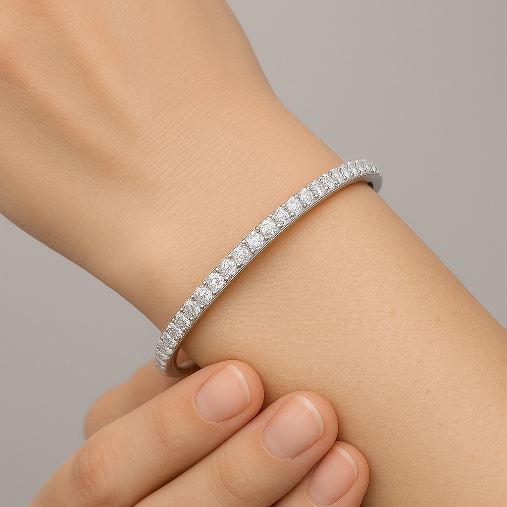 14K White Gold Diamond Tennis Bangle Bracelet 6 CT  Treated Diamonds | Certified