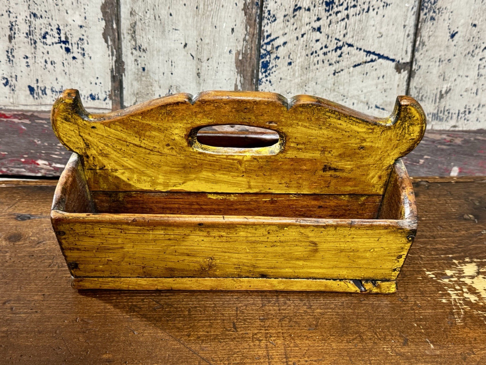 handmade wooden tool carrier caddy tote primitive farmhouse country Yellow Paint