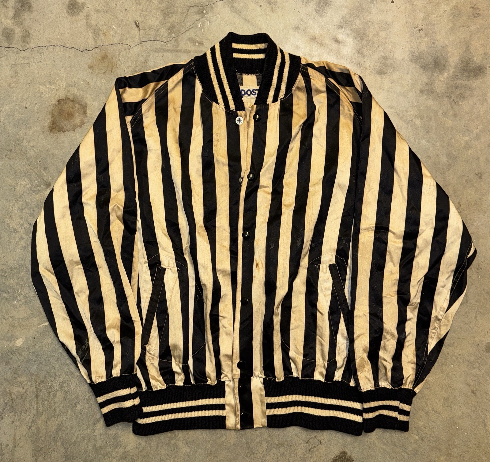 Vintage 50s 60s POST Mfg Co Satin Bomber Jacket Black Gold Striped Athletic XL