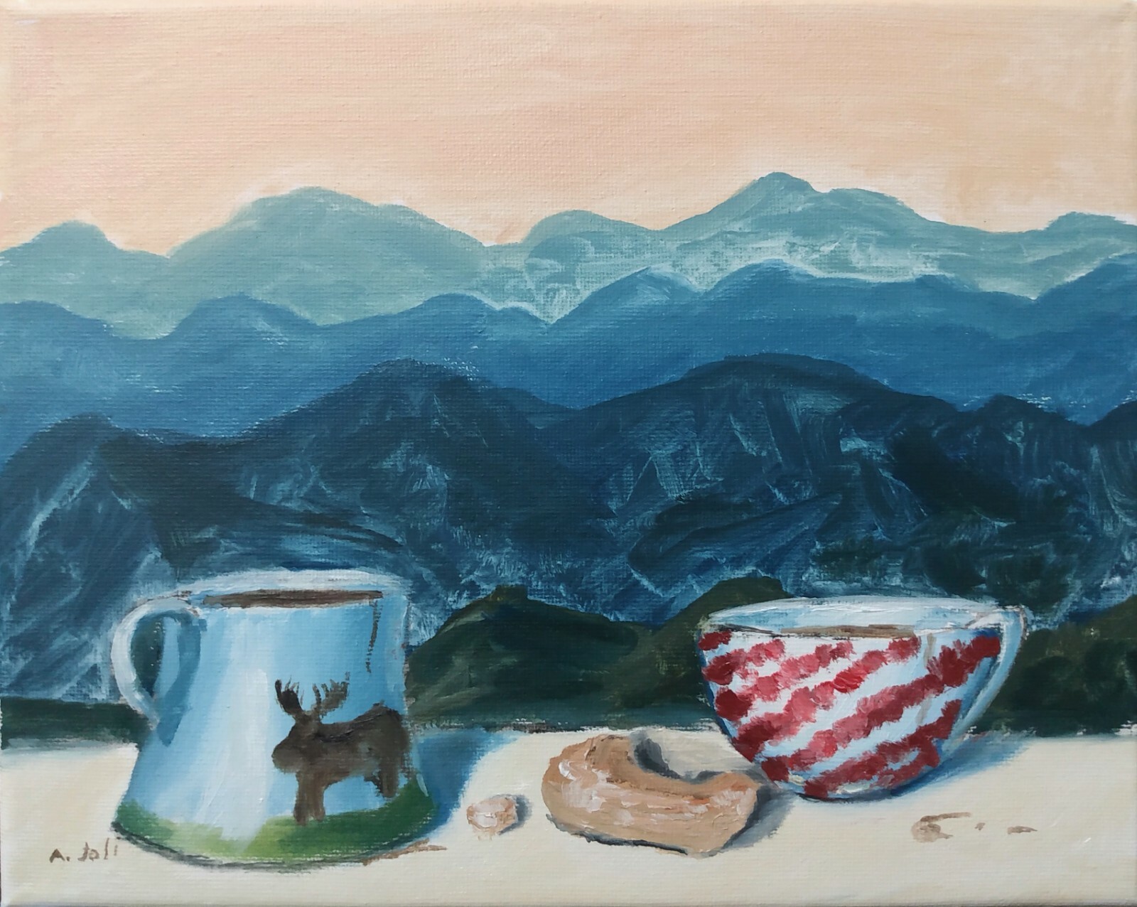 Oil Painting Romantic Still Life and Mountain Landscape Art A. Joli
