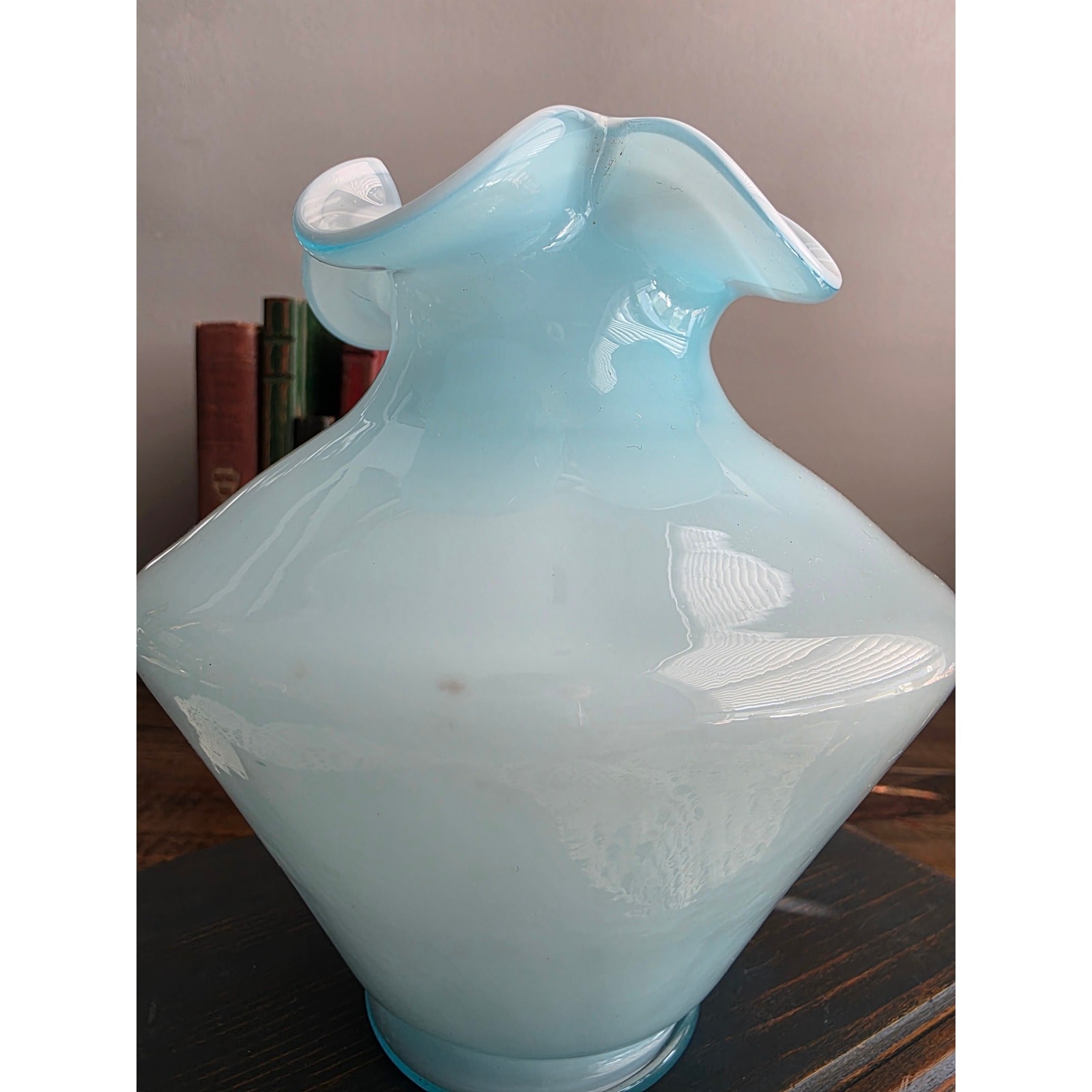 Rare Vintage Fenton Powder Blue Overlay Cased Glass Tri-Crimp Ruffled Vase 1940s Rare Vintage Fenton Powder Blue Overlay Cased Glass Tri-Crimp Ruffled Vase 1940s