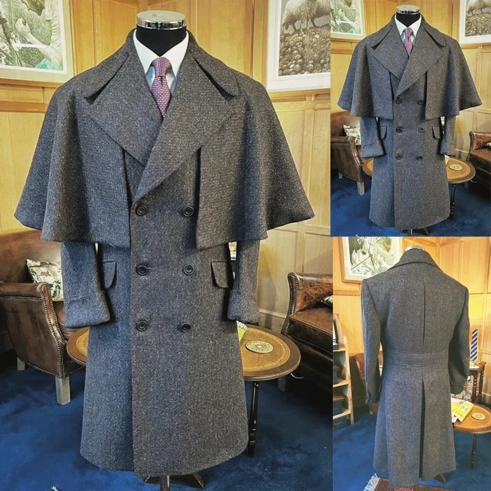 Vintage Tweed Ulster Inverness Coat Mens Grey Wool Cape Greatcoat Overcoat Vintage Tweed Ulster Inverness Coat Mens Grey Wool Cape Greatcoat Overcoat