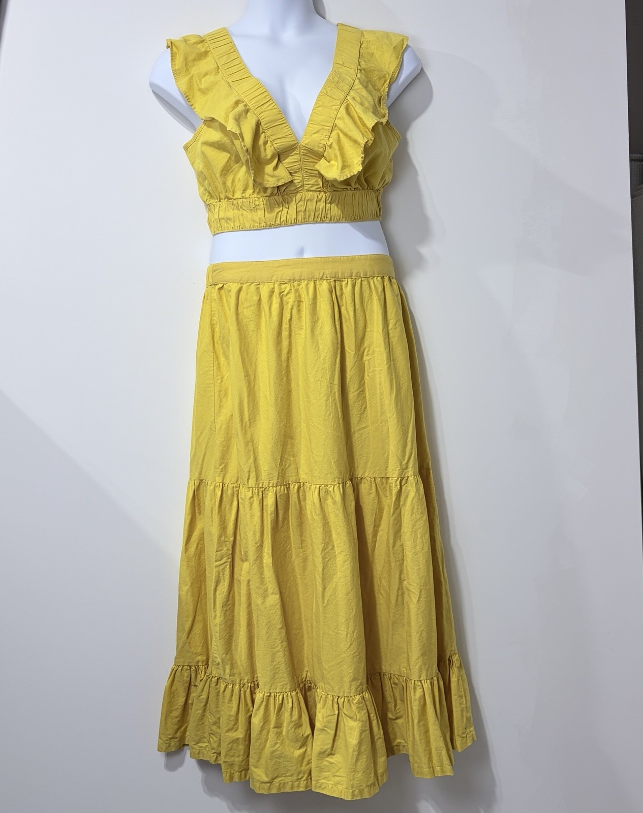 Japna Matching Set Women L Crop Top Skirt Yellow Ruffle Tier Resort Beach Japna Matching Set Women L Crop Top Skirt Yellow Ruffle Tier Resort Beach