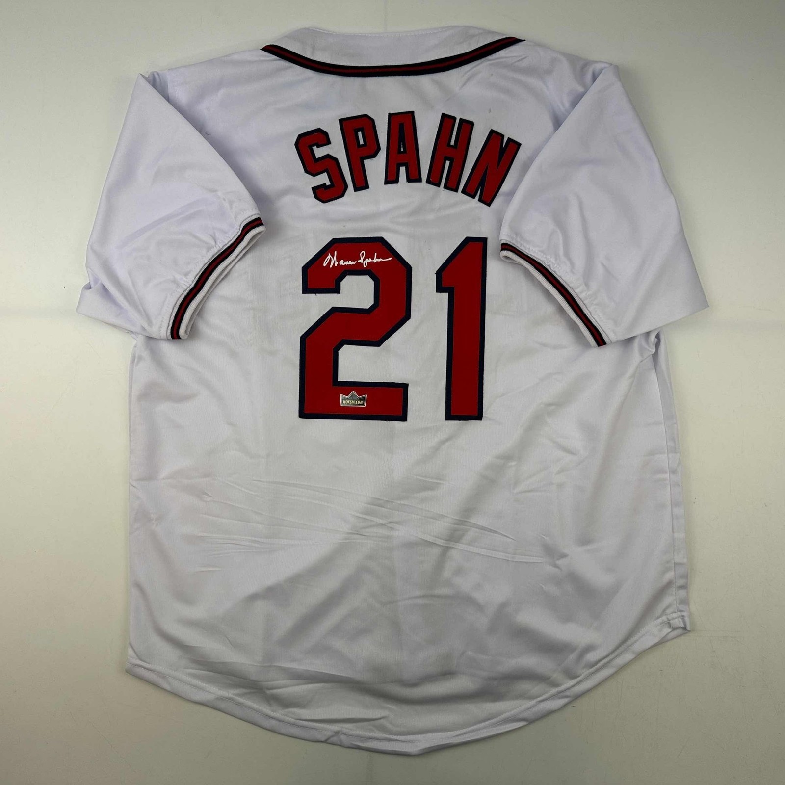 Facsimile Autographed Warren Spahn Atlanta White Jersey Size Men's XL Facsimile Autographed Warren Spahn Atlanta White Jersey Size Men's XL