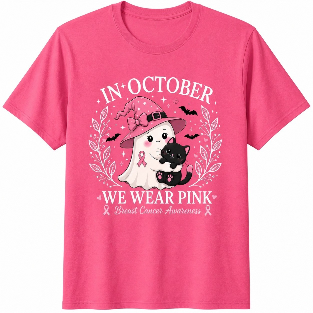 Breast Cancer Awareness Ghost Cat Shirt Pink Ribbon Halloween Spooky Graphic Tee