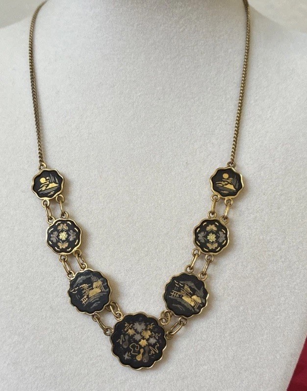 Vintage Amita Japanese Damascene Sterling Silver Etched Necklace Vintage Amita Japanese Damascene Sterling Silver Etched Necklace