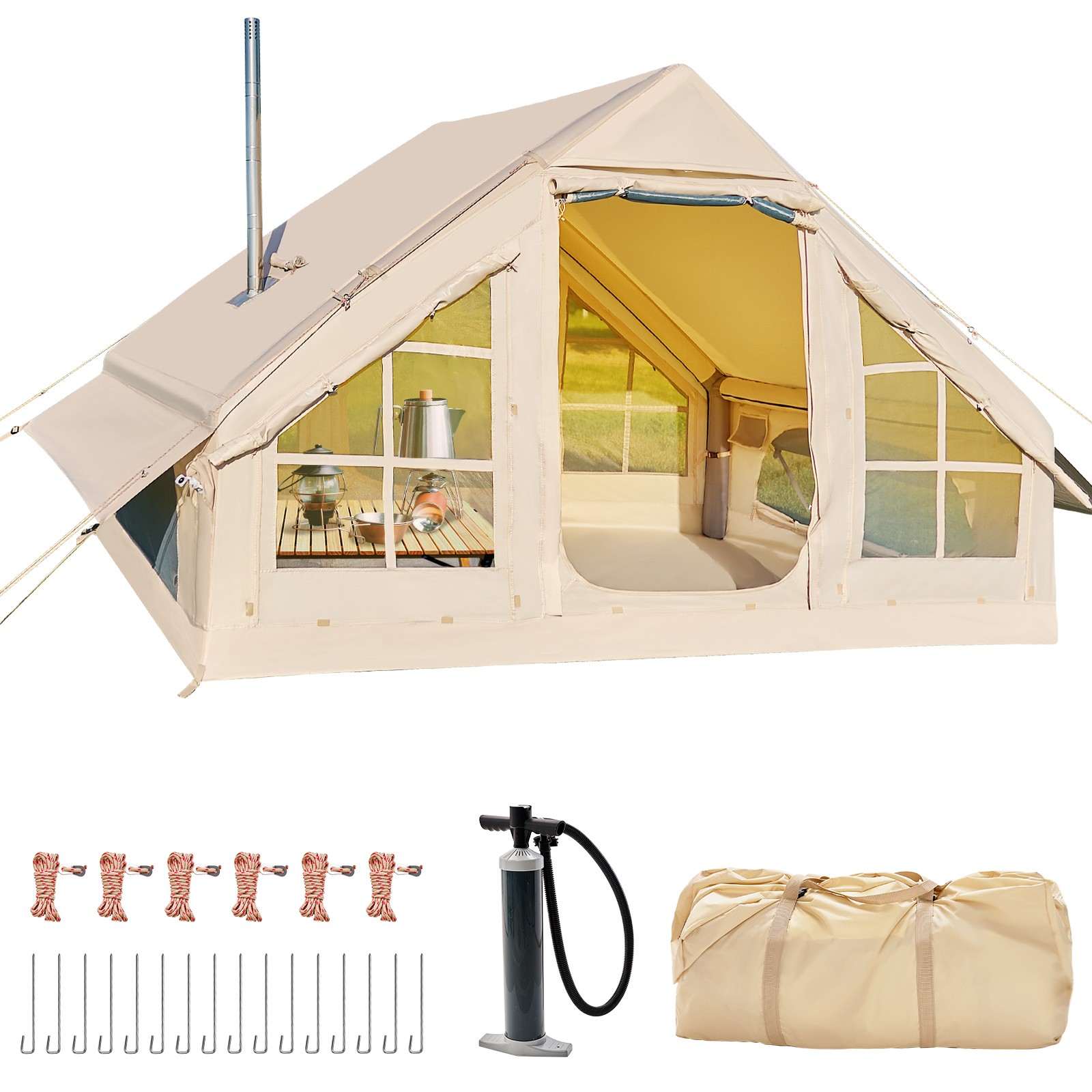NAIZEA 6 Person Inflatable Camping Tent w/ Stove Jack&Hand Pump,5 Min Easy Setup