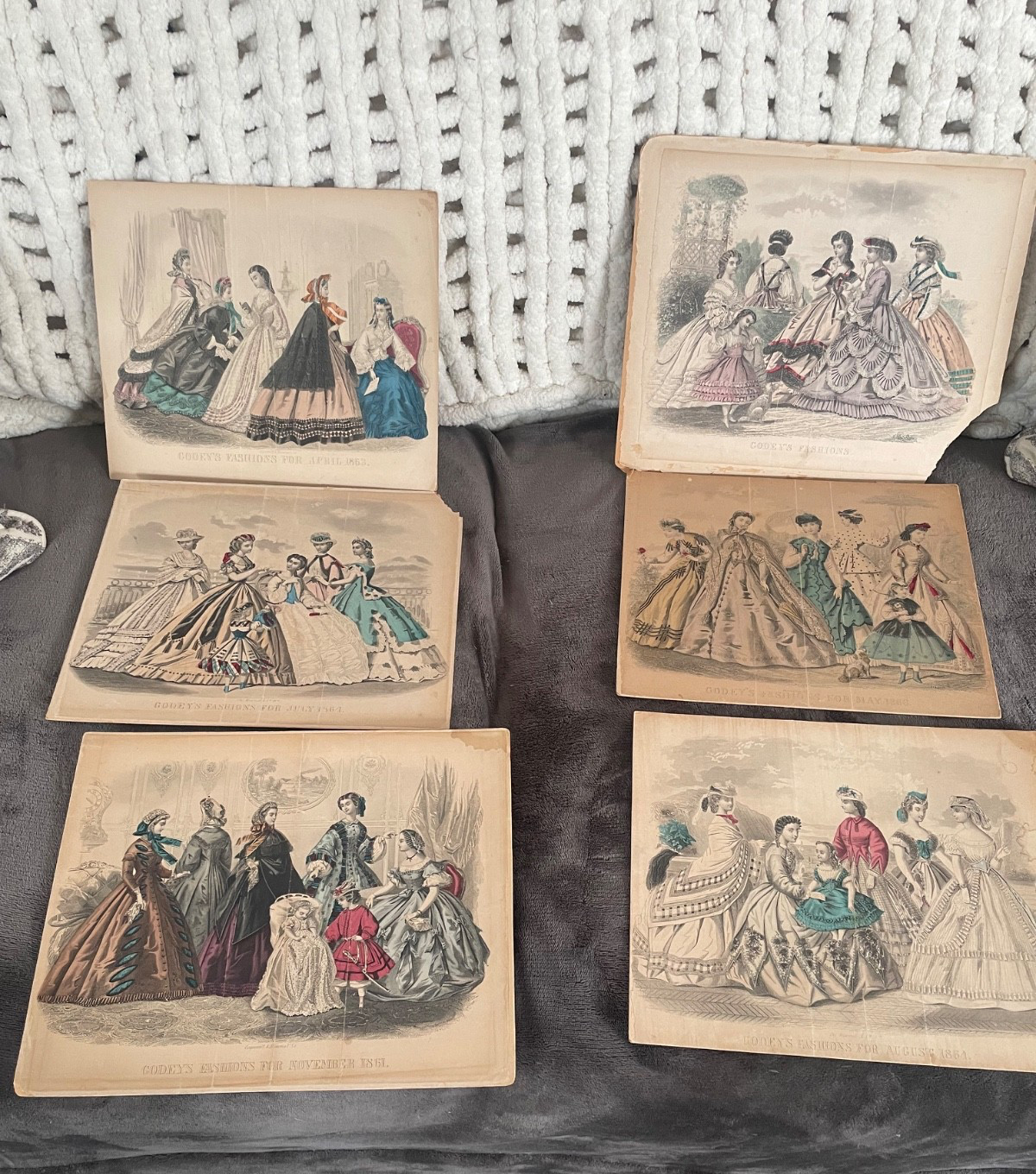 6 Antique Godey\'s Lady\'s Book Hand Colored Fashion Plate Antibellum/Civil War