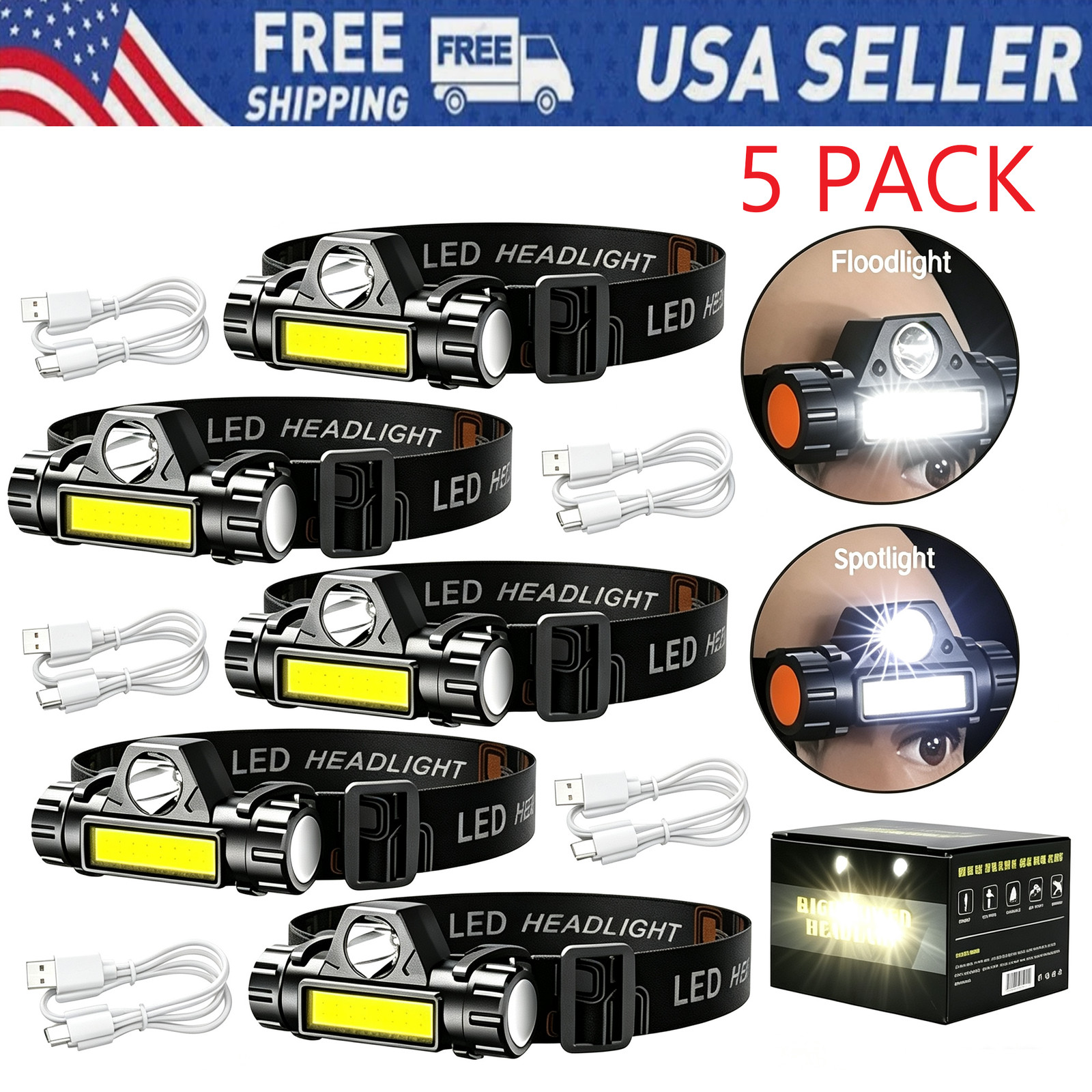 5 Pack LED Headlamp Headlight Flashlight USB Rechargeable Waterproof Head Light