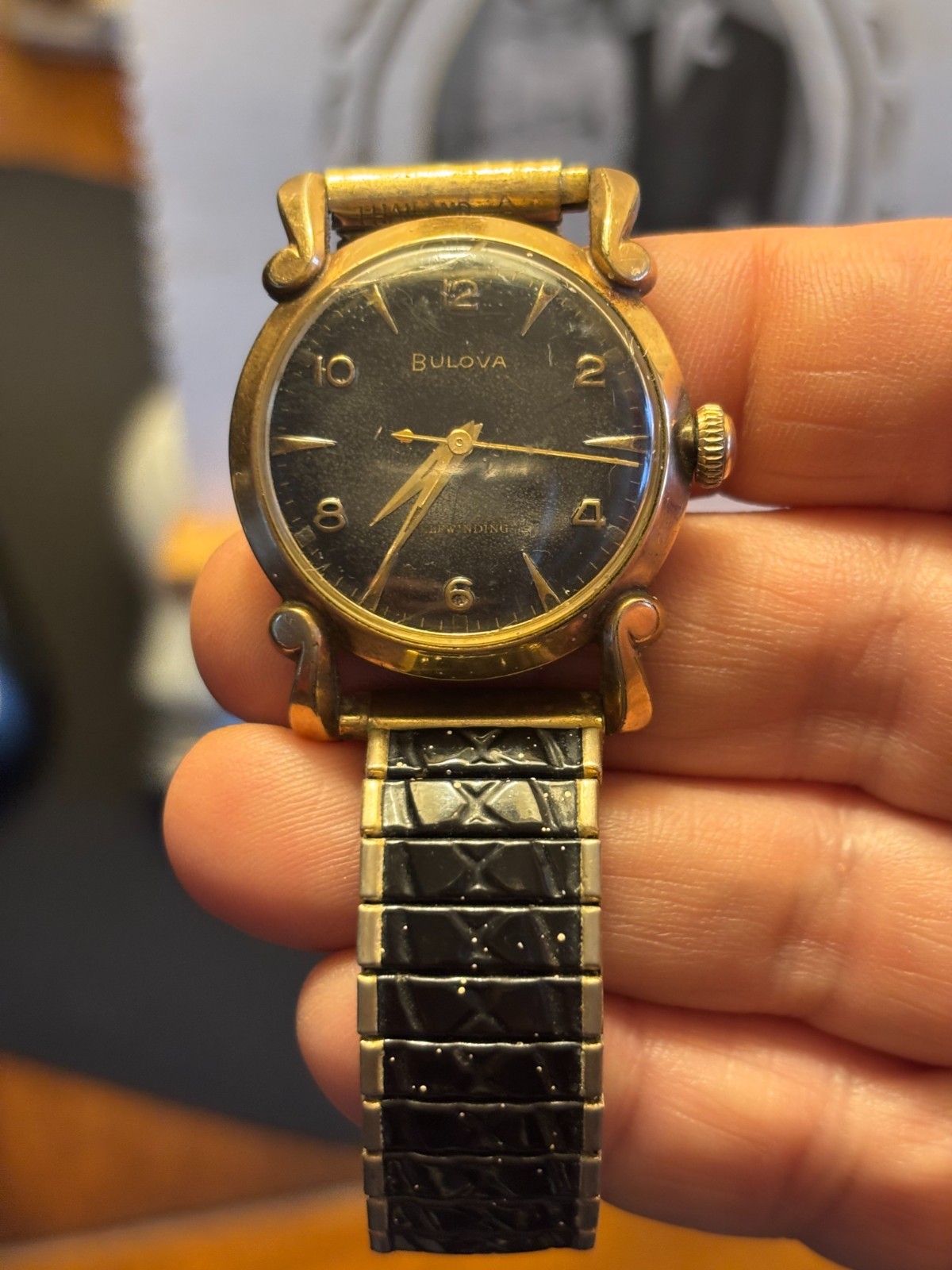 Vintage 1954 Bulova Winchester B Automatic Black Gilt Dial Watch