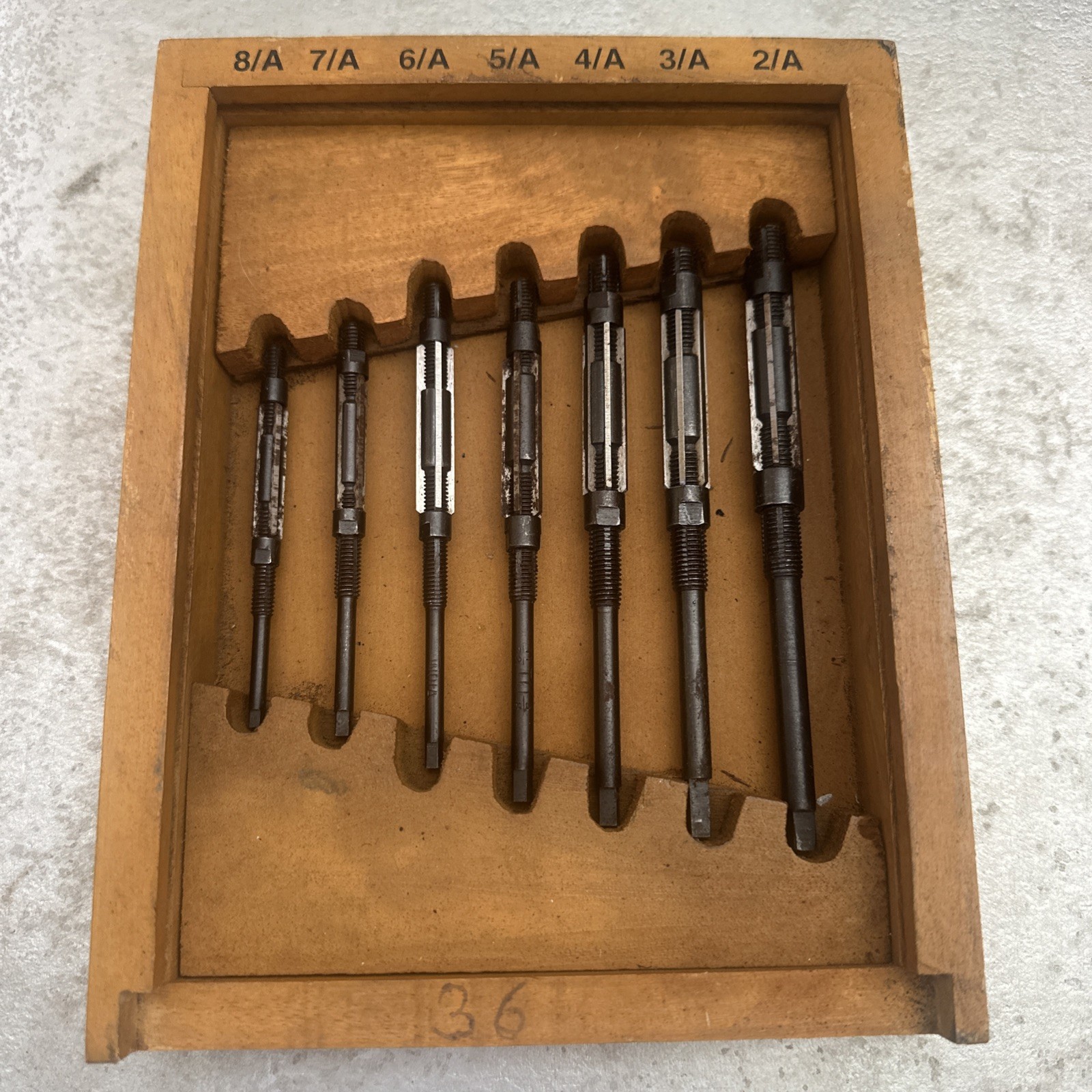 Vintage 7 Piece Adjustable Reamer Set Wood Box Complete Vintage 7 Piece Adjustable Reamer Set Wood Box Complete