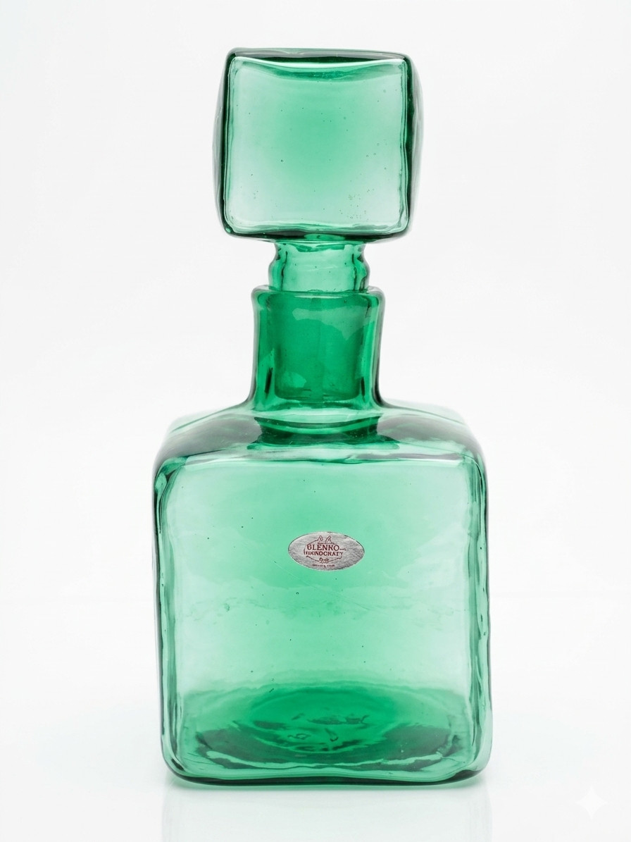 Blenko Decanter Mint with Stopper *RARE* Hand Blown Square shaped w/ Tag 4318