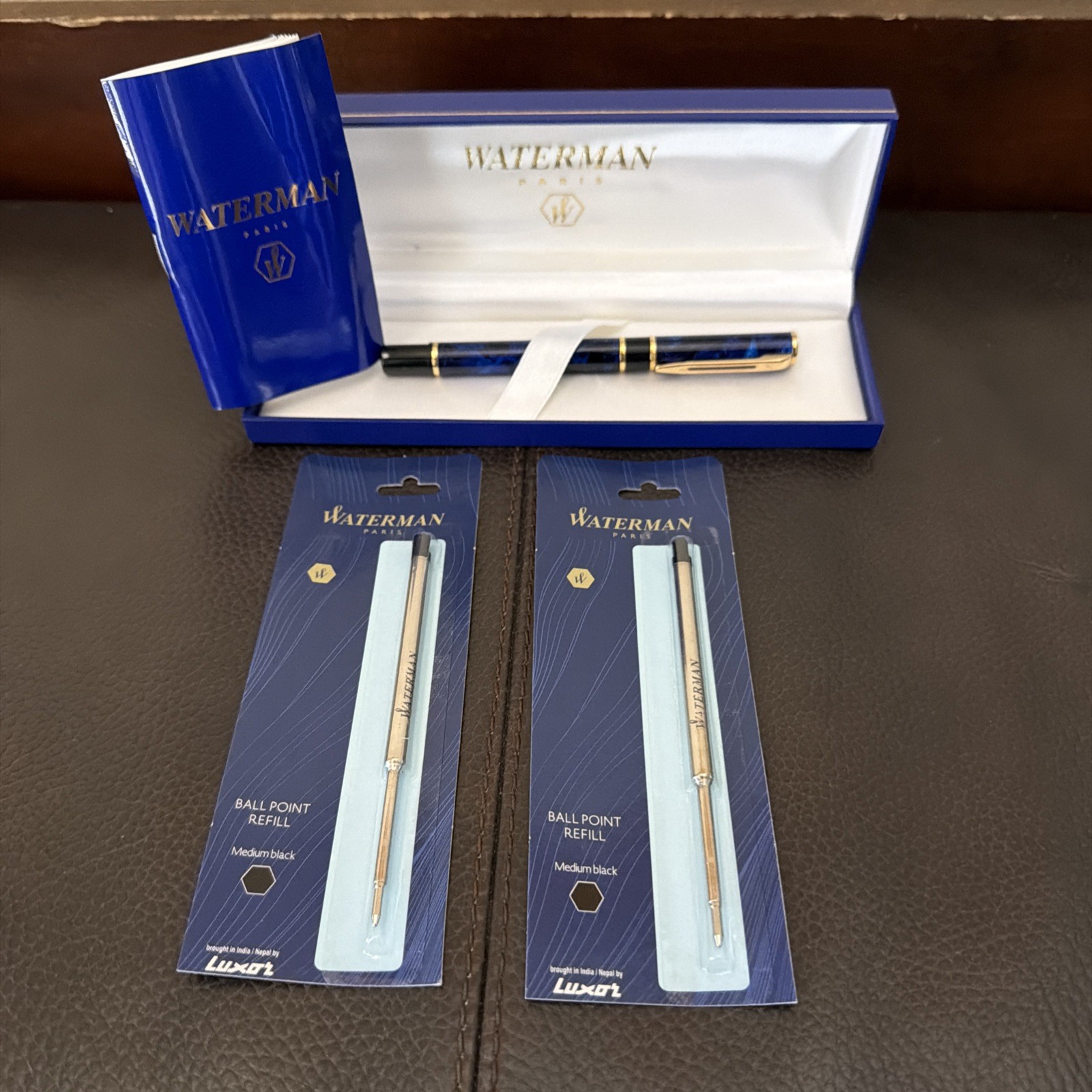 Vintage Waterman Ballpoint Pen In Blue Marble & Gold Trim In Original Box France