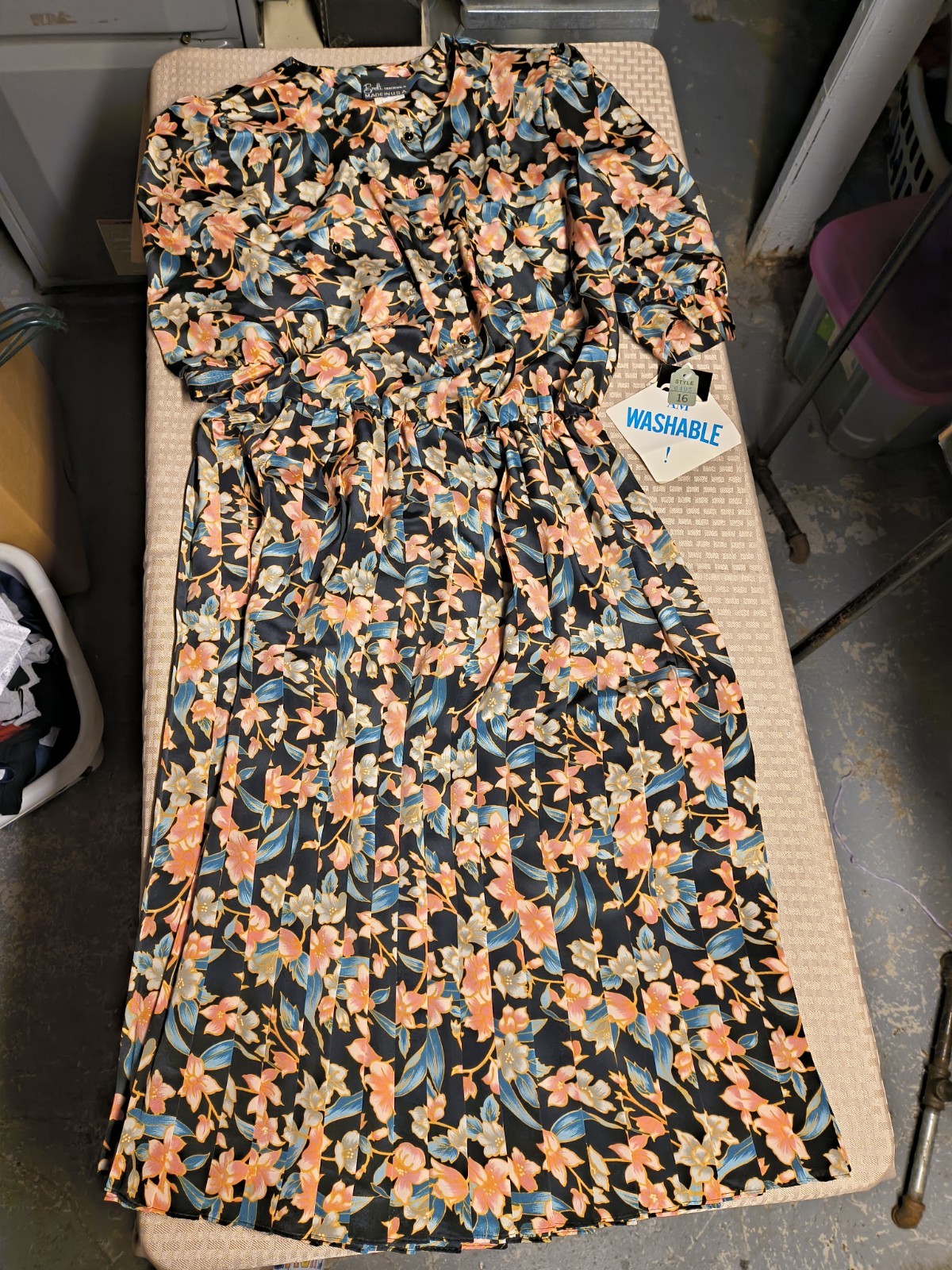 ​VTG 80s Breli Originals NWT Floral Pleated Midi Dress Size 16 Black Peach Blue