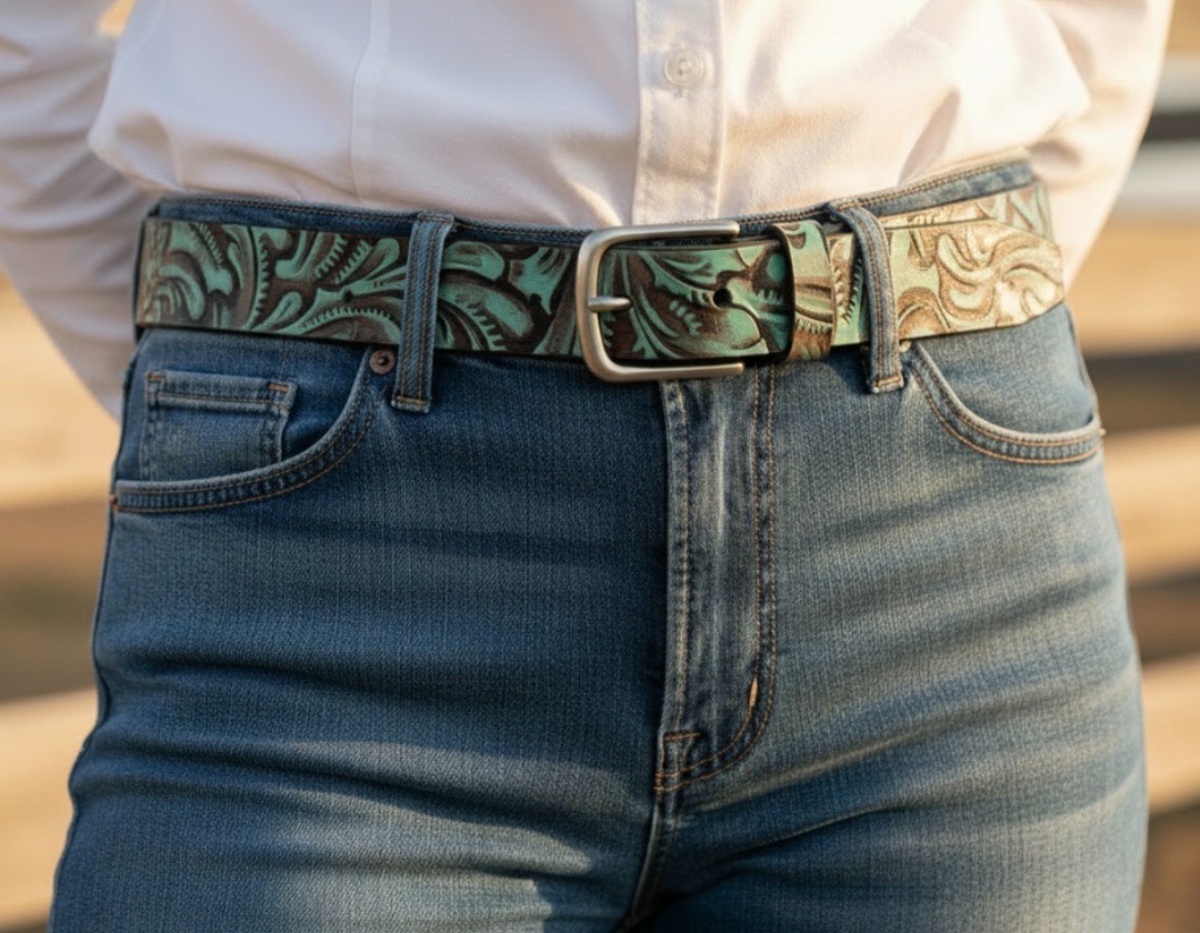 NWT $59 Patricia Nash Tooled Leather Pelosa Belt Turquoise/Brown L