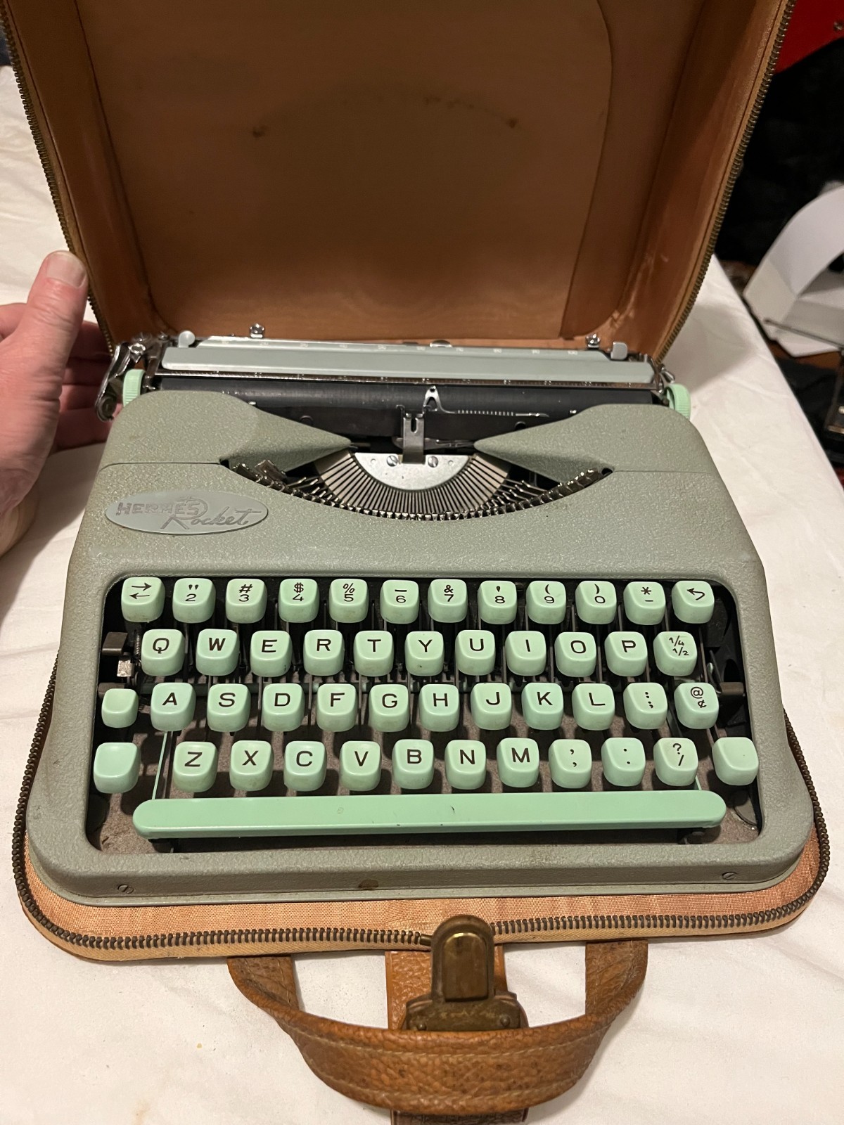 Vtg Hermes Rocket Portable Typewriter Sage Mint Green Swiss Made w Tan Case MCM Vtg Hermes Rocket Portable Typewriter Sage Mint Green Swiss Made w Tan Case MCM