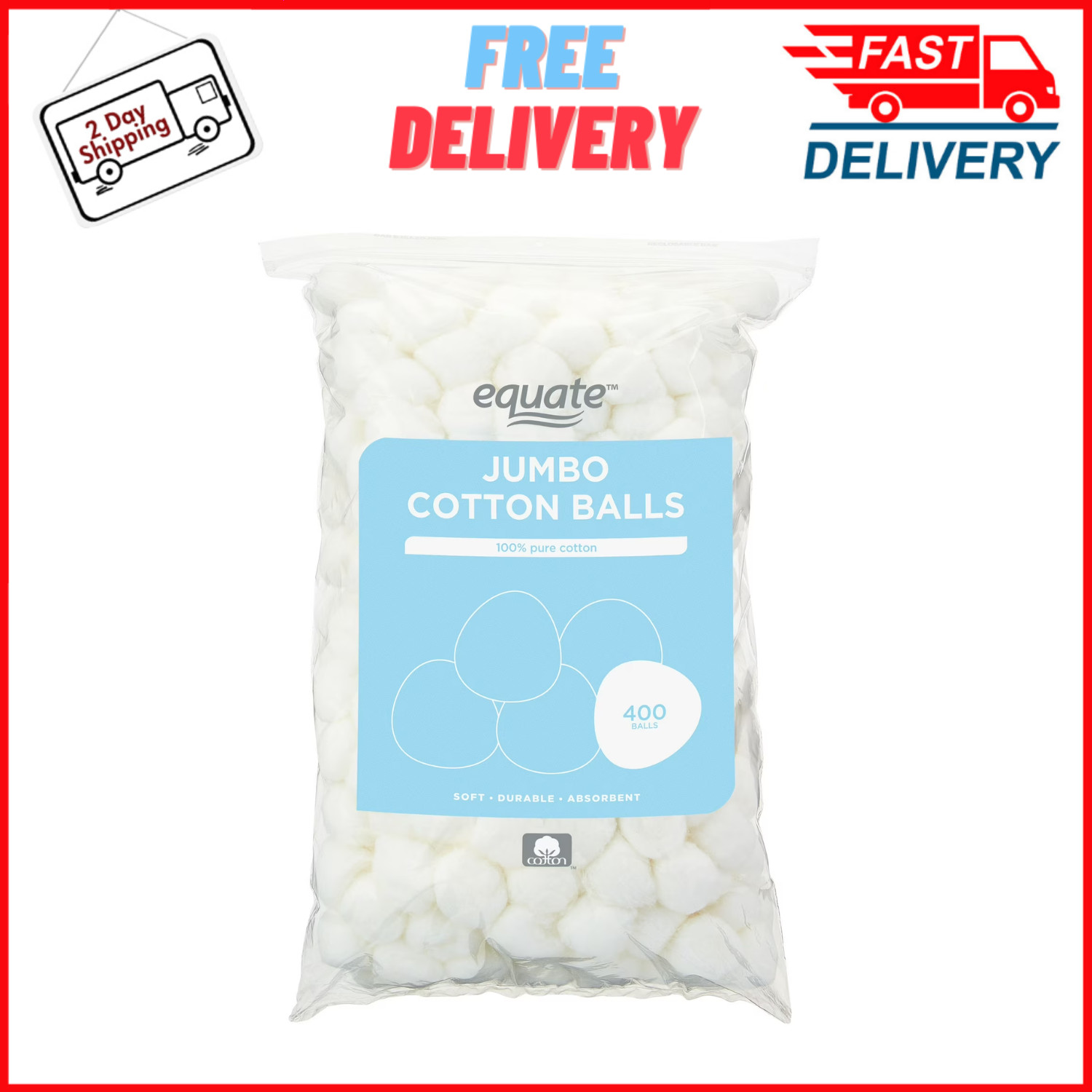 Equate Jumbo Cotton Balls, 100% Pure Cotton, Fragrance-Free, 400 Count