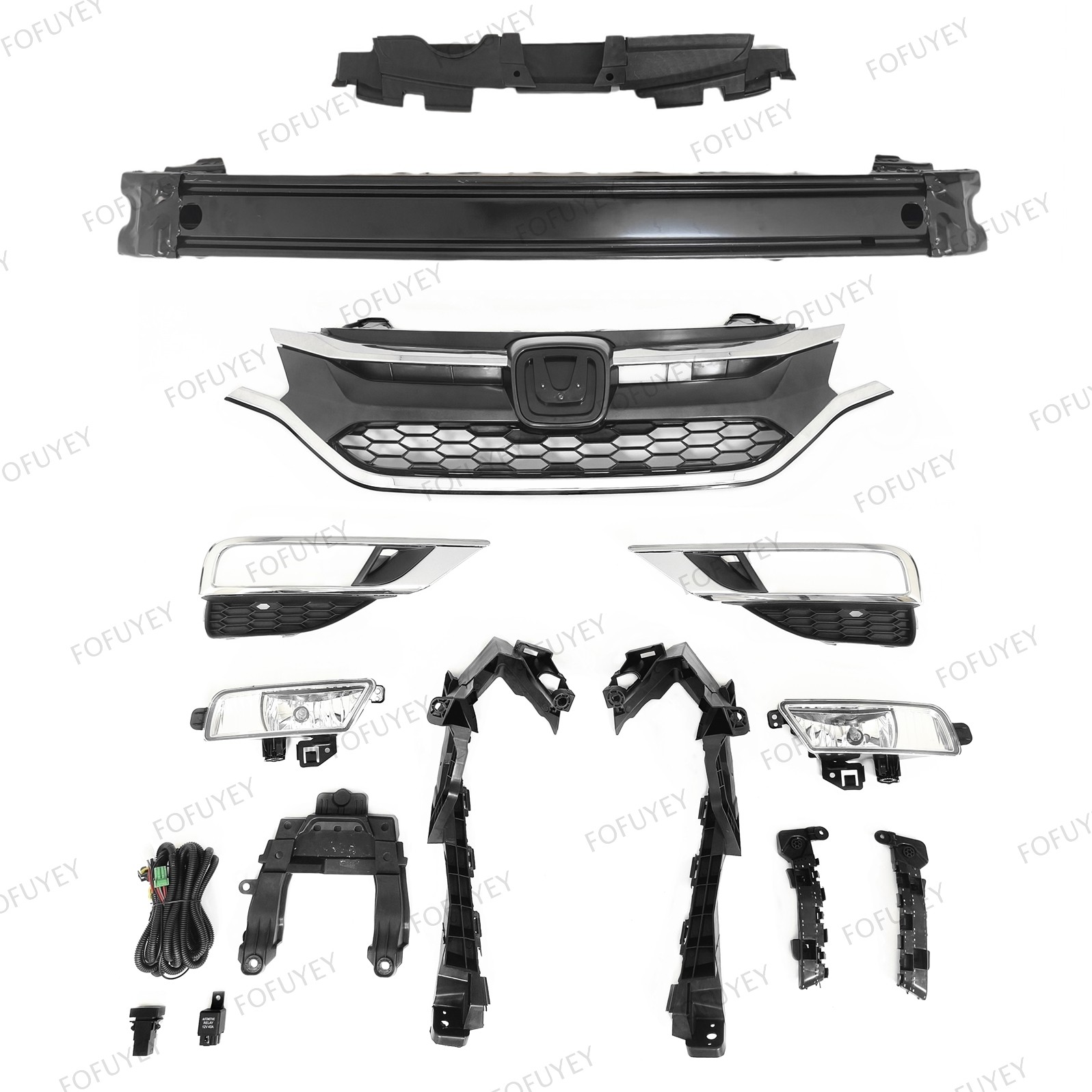 For CR-V 2015-16 Front Upper Lower Grille/Fog Lamp/Bumper Impact Bar/Bracket Kit