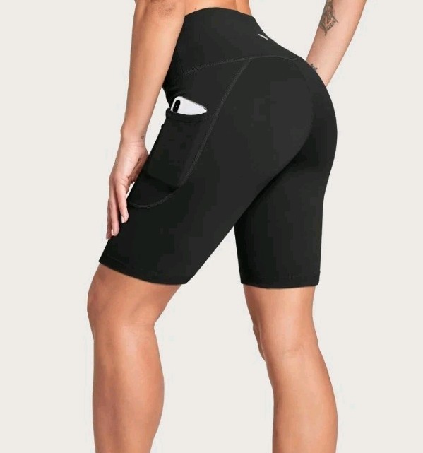 NWT Baleaf Black High Waist Biker Compression Yoga Shorts W/Side Pockets M