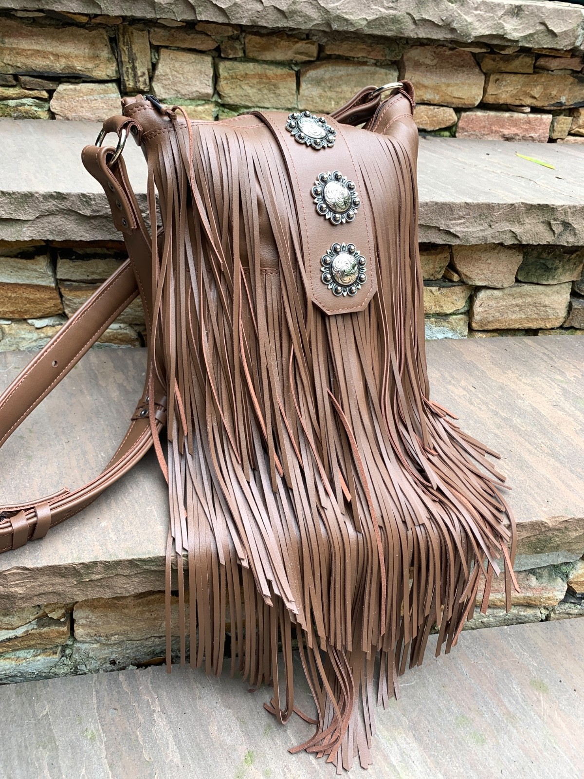 Brown  leather, Conchos, boho Southwest festival LONG fringe crossbody bag