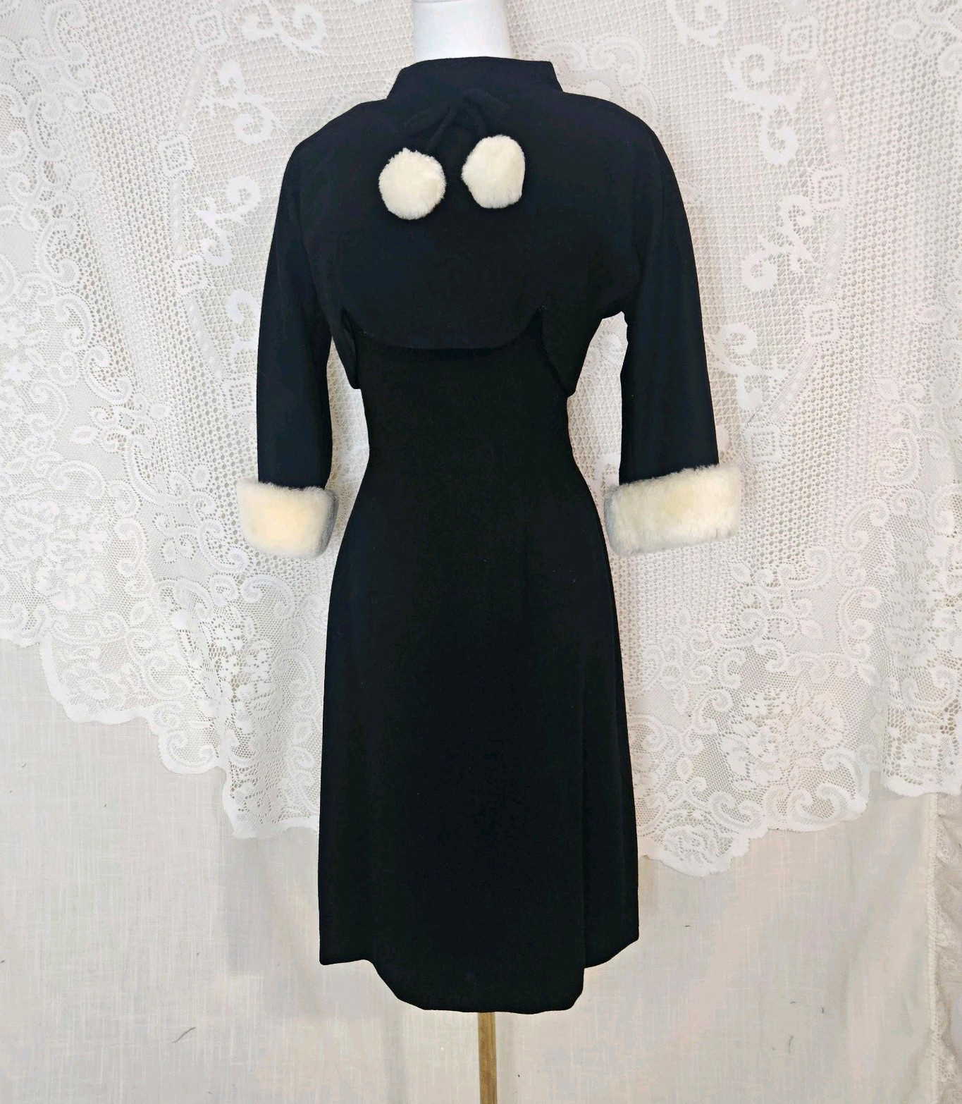 Vintage 1950s Black Wool Wiggle Dress & Mink Fur Pom Pom Capelet Set Cocktail