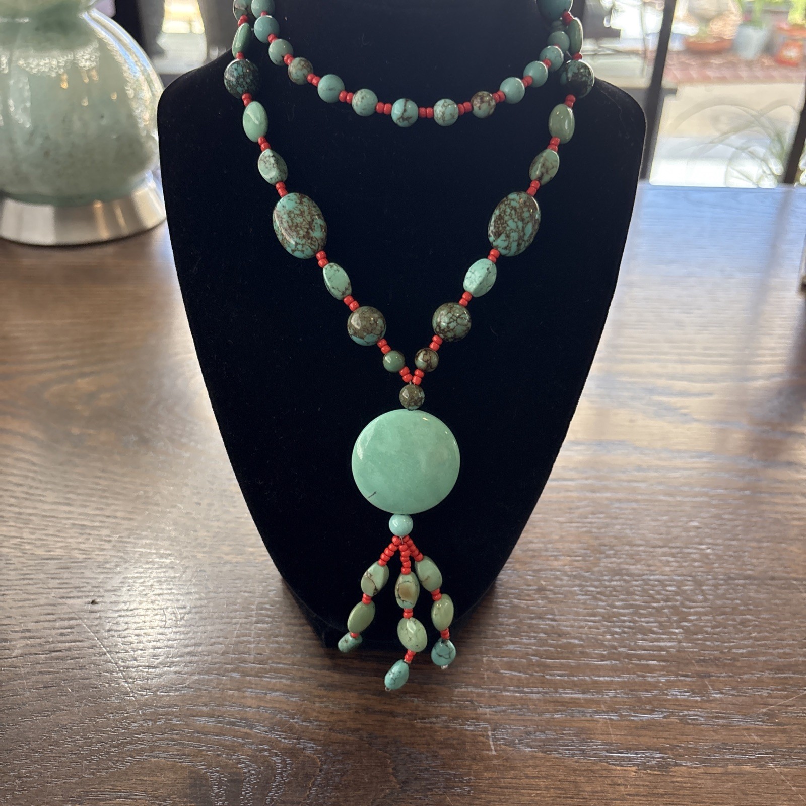 VINTAGE NATIVE AMERICAN TURQUOISE, & RED BEAD HANDMADE NECKLACE 24” VINTAGE NATIVE AMERICAN TURQUOISE, & RED BEAD HANDMADE NECKLACE 24”