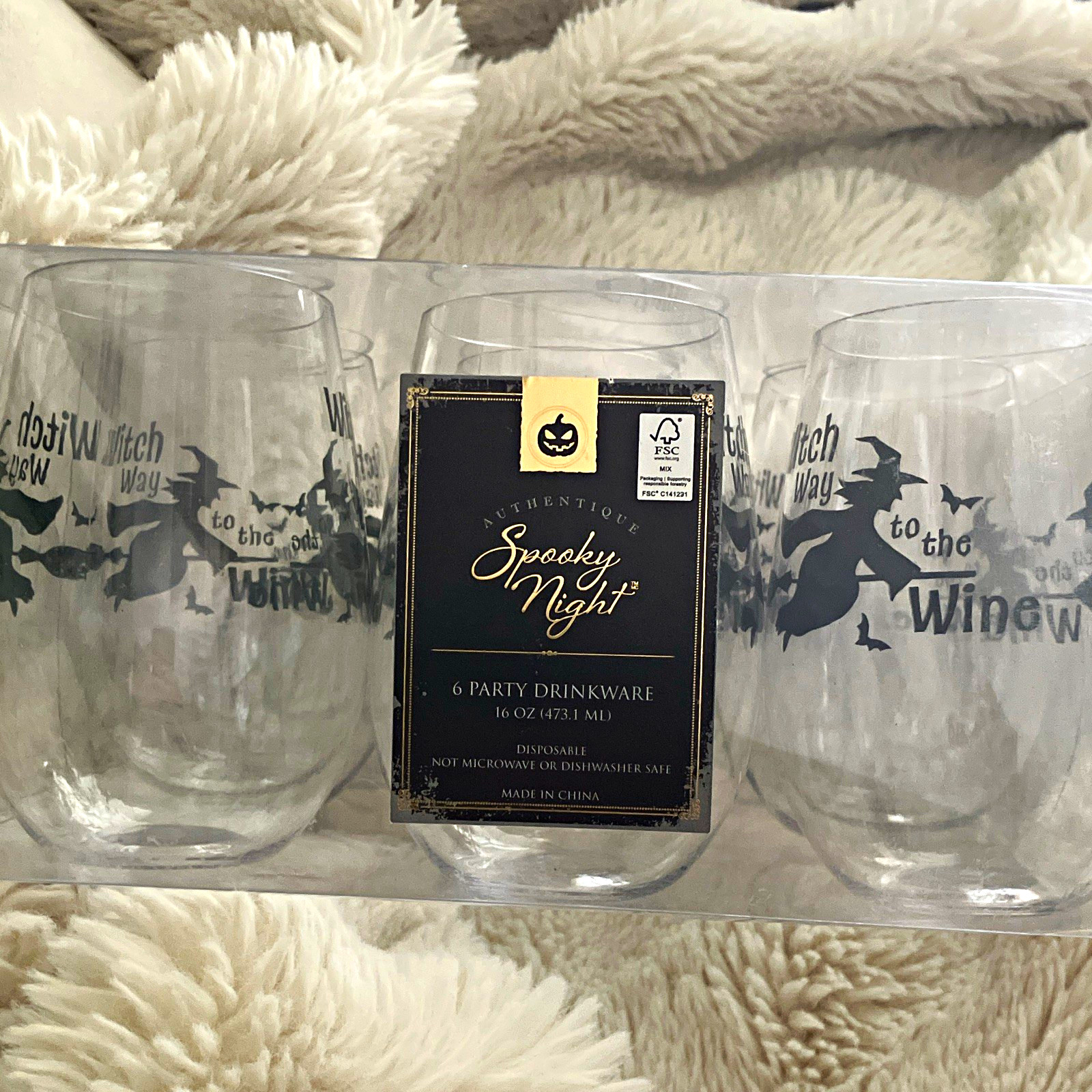 Authentique Spooky Night Halloween 16oz Stemless plastic Wine Glasses Set of 6 Authentique Spooky Night Halloween 16oz Stemless plastic Wine Glasses Set of 6