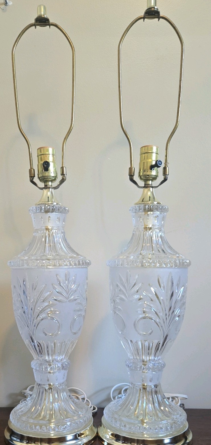  Vintage Pair of Cut & Frosted Crystal  Lamps - Mid-Century Hollywood Regency