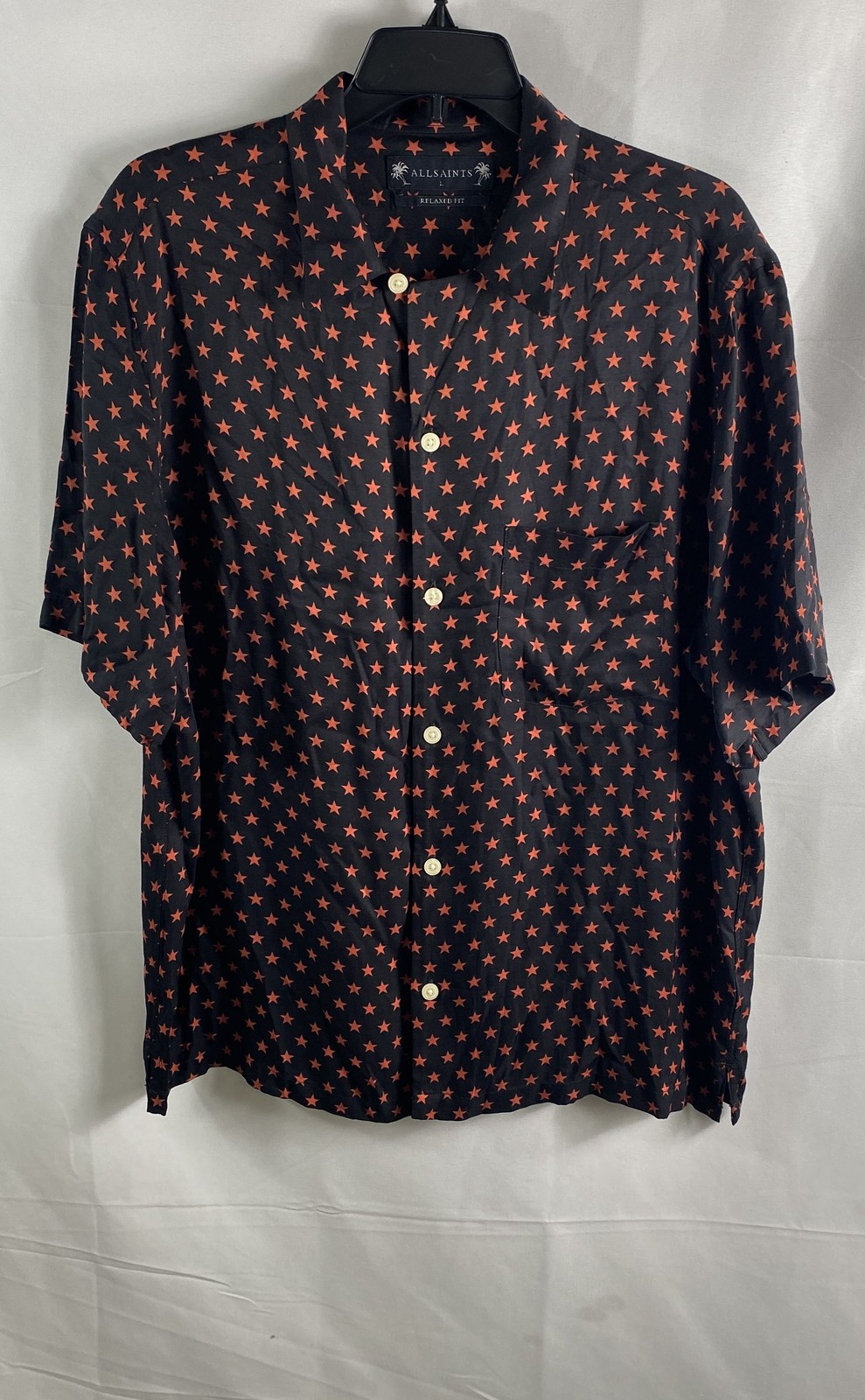 AllSaints Men\'s Black Orange Star Print Relaxed Fit Viscose Short Sleeve Shirt L