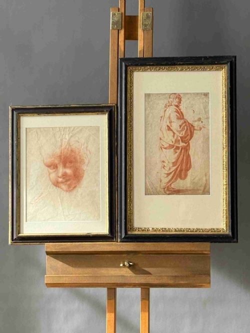TWO ANTIQUE SANGUINE ON PAPER DRAWINGS ( CHILDS HEAD/DRAPED FIGURE)
