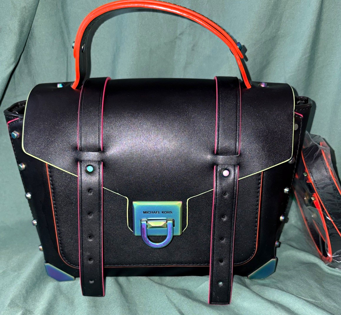 Michael Kors Manhattan Medium Black Leather Neon Satchel Iridescent Hardware