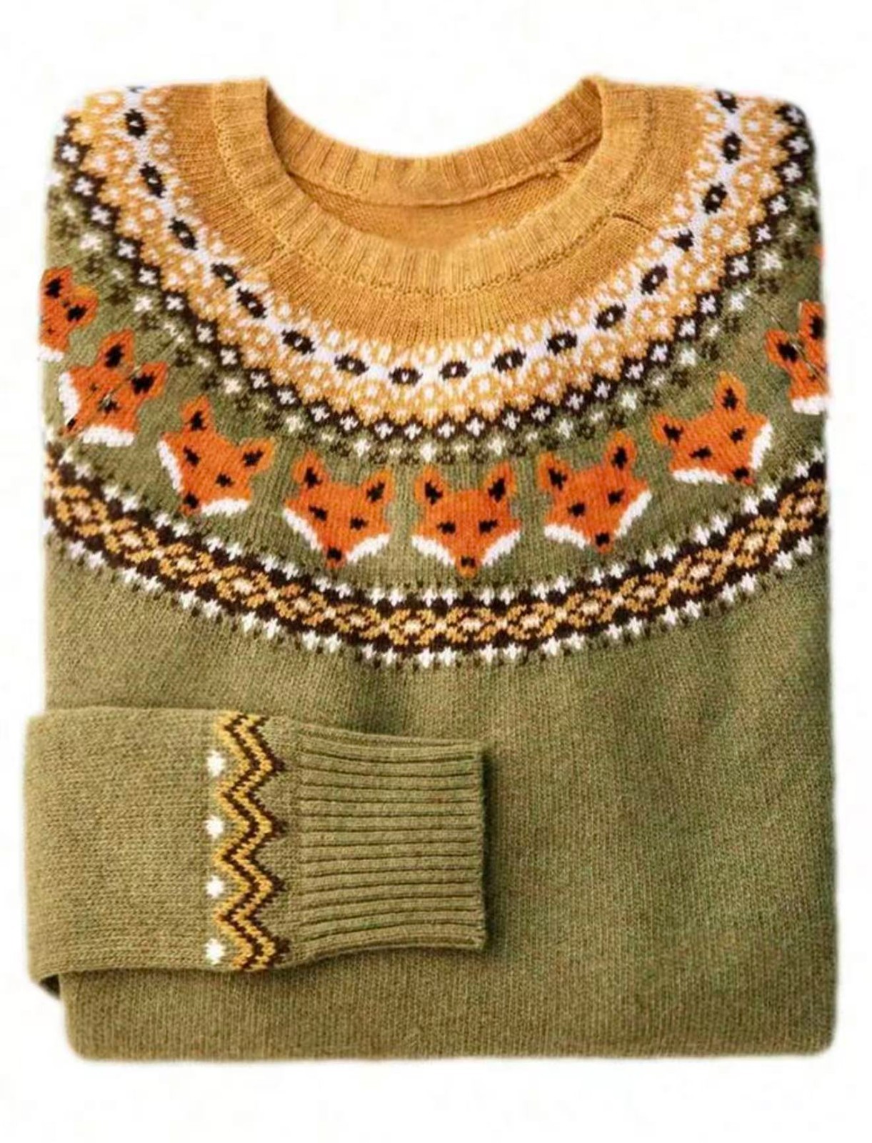 Women’s Fox Fair Isle Sweater Crewneck Knit Pullover Long Sleeve Fall Winter