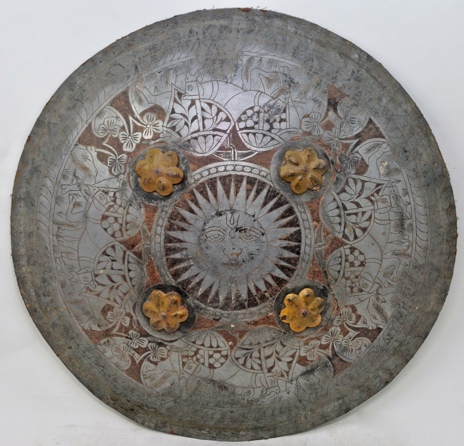 Antique Iron Gurading Shield Original Old Hand Crafted Sun Figurative Engraved
