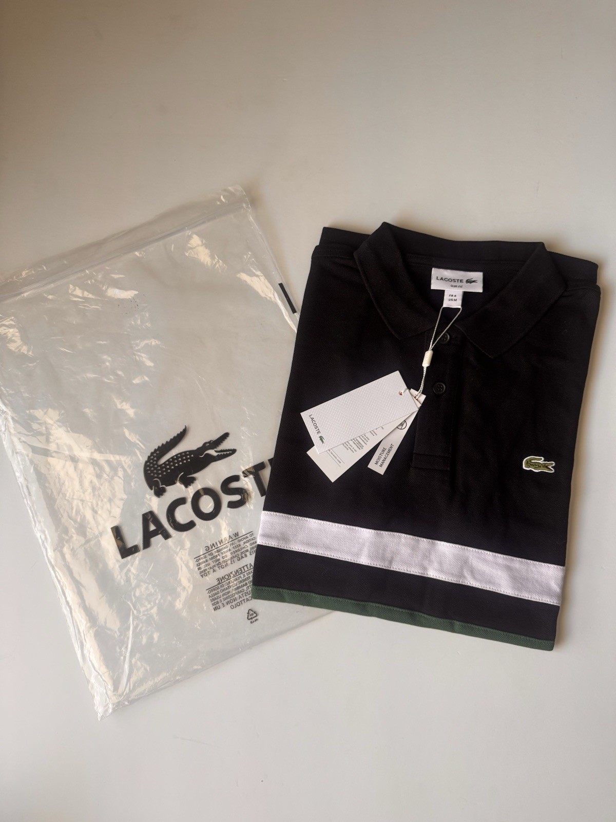 Lacoste Men\'s Black Green White Striped Short Sleeve Polo Logo Button Knit M