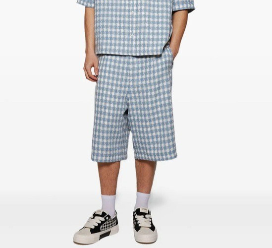 Nahmias Shorts Mens 34 Plaid Pleated Shorts Steel Blue Checkered Jacquard New