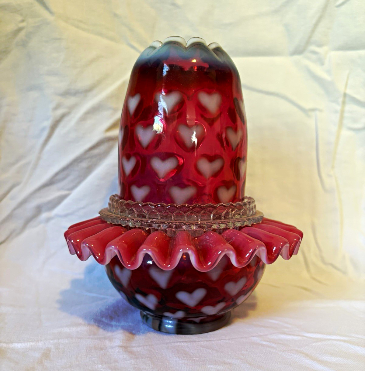 Fenton Fairy Lamp with Red & White Hearts Pattern