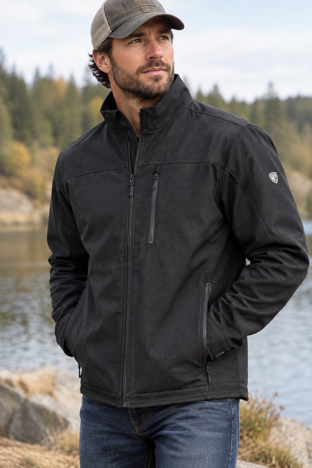 KÜHL Impakt Jacket Men’s Large Gotham Black Softshell Grid Fleece Wind Water Res