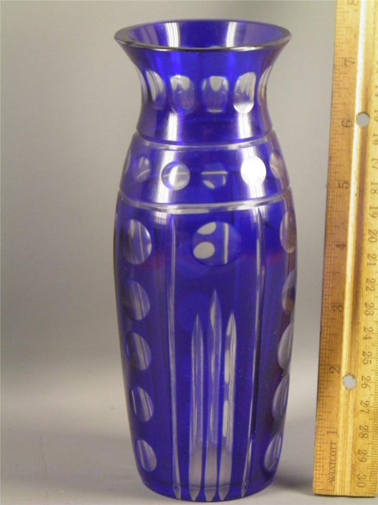 ANTIQUE BOHEMIAN CZECH BLUE CUT TO CLEAR GLASS VASE