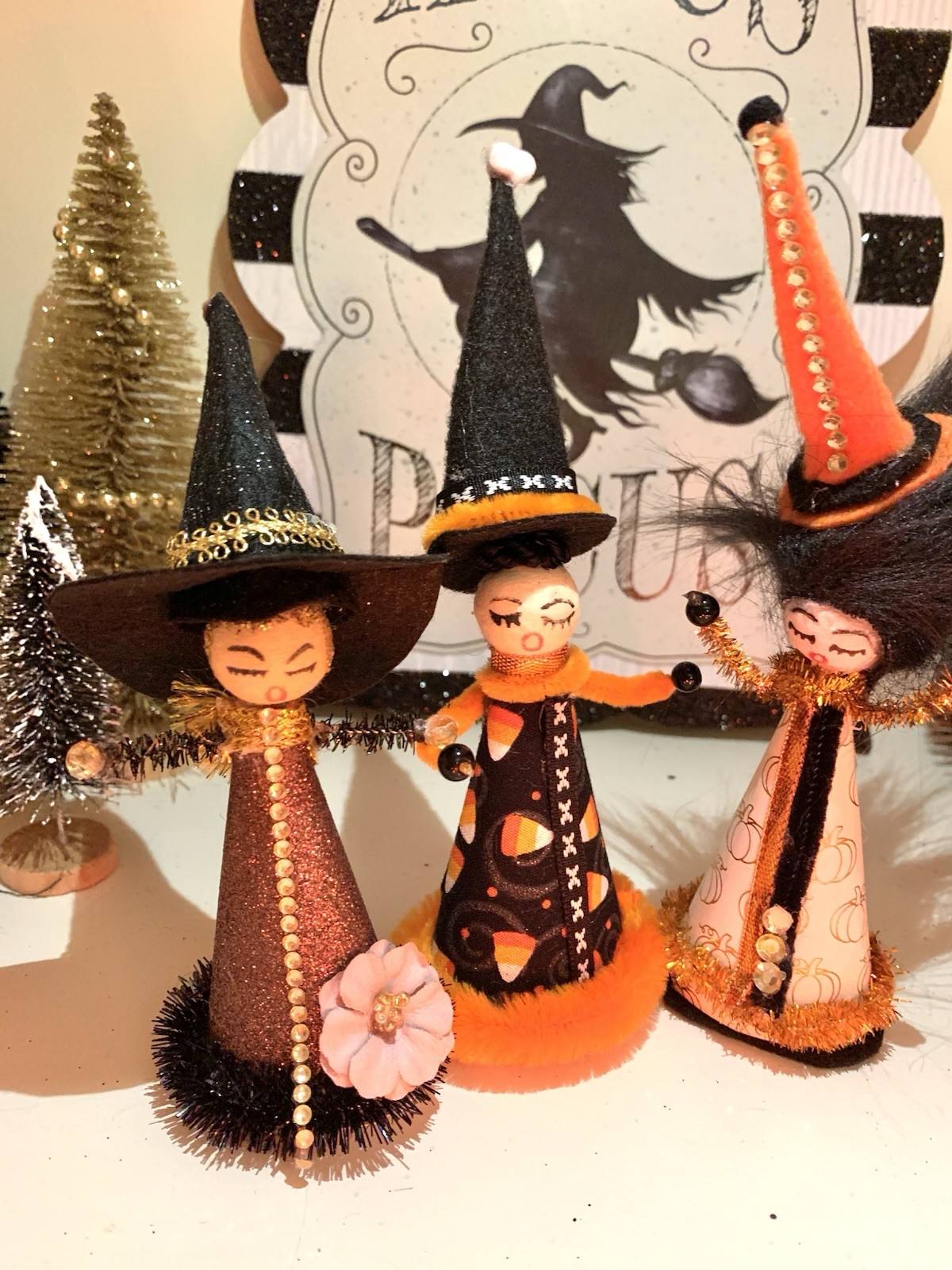 Trio of Cotton Spun Head Witches OOAK Halloween Decor Witch Dolls
