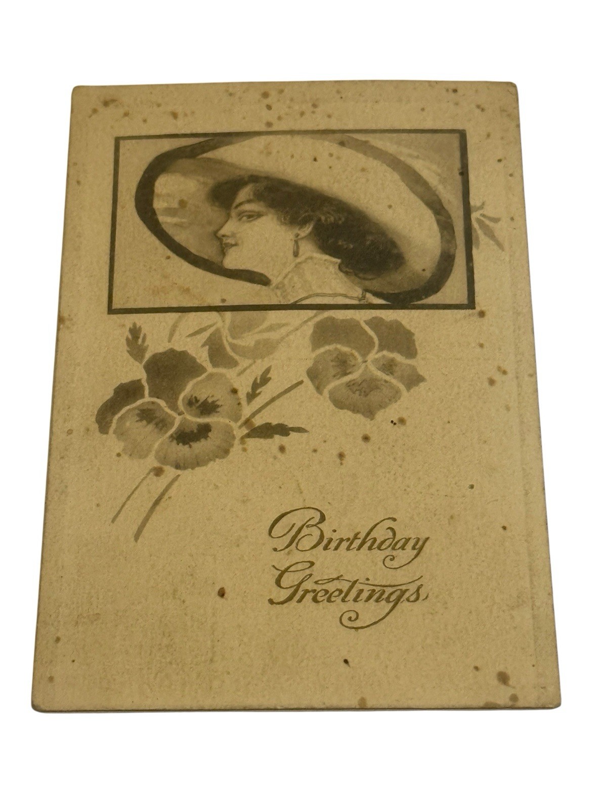 Antique 1910 Birthday Greetings Postcard Pretty Lady Large Hat Pansy Flowers Antique 1910 Birthday Greetings Postcard Pretty Lady Large Hat Pansy Flowers