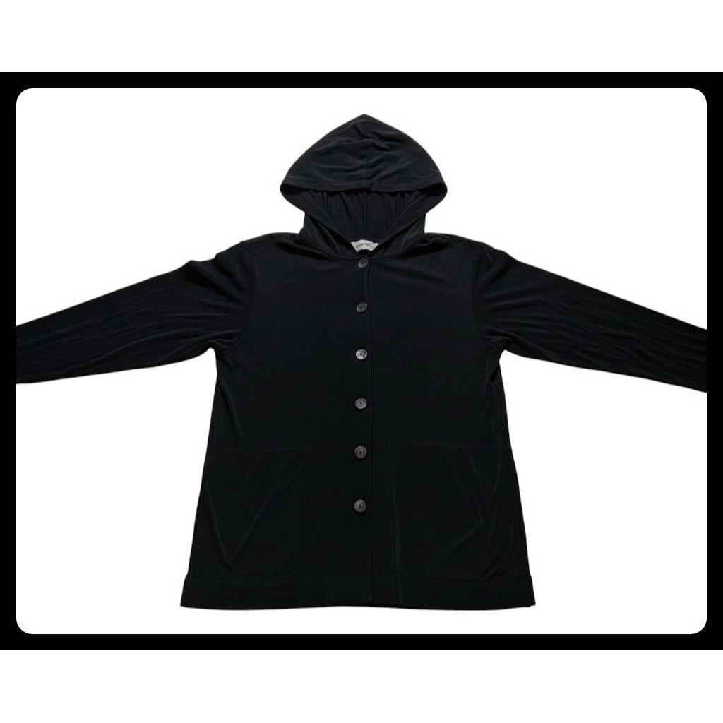 Chico\'s Travelers Cardigan Hooded Jacket Women Size 1 Black Button Front Stretch