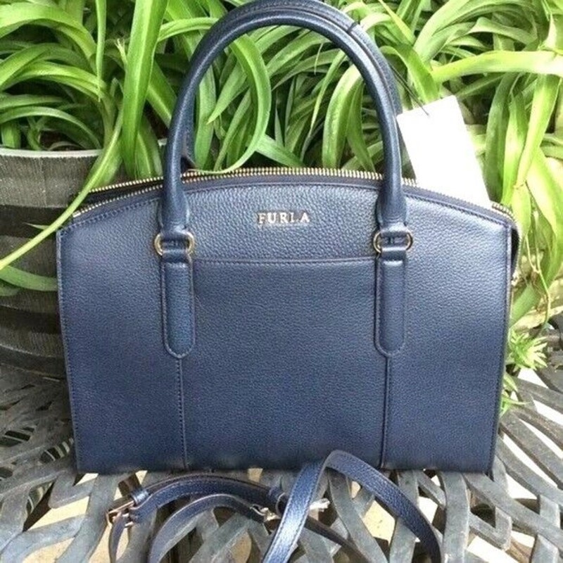 Furla Navy Blue Leather Satchel Shoulder Bag 12 x 9.25 NWT
