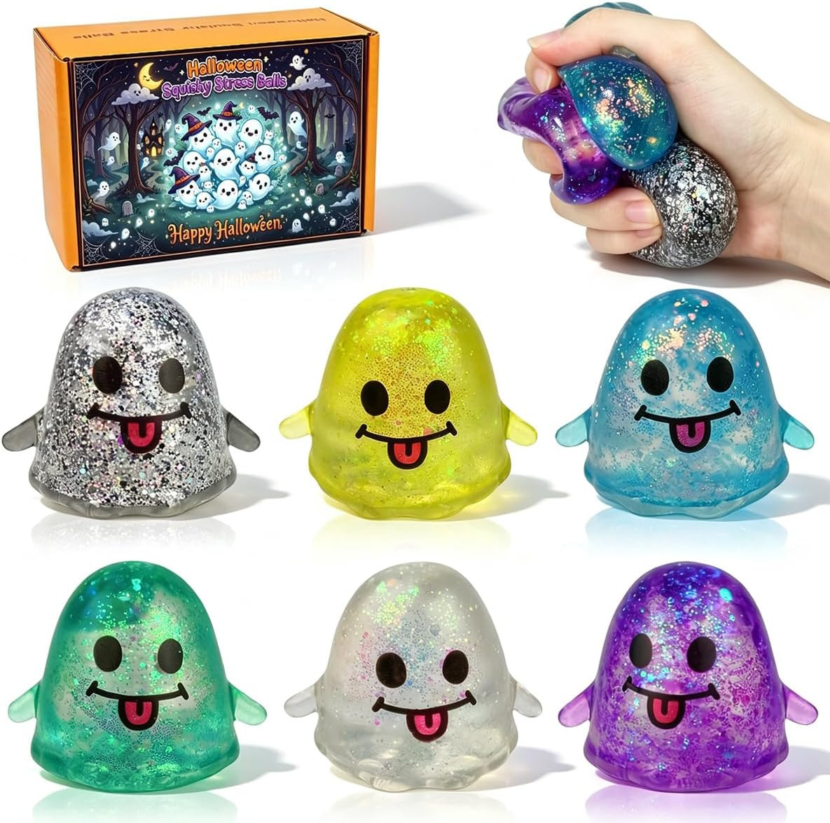 Pinkiwine 6 Pack Halloween Ghost Stress Balls Squishy Toys for Kids Stress Relie