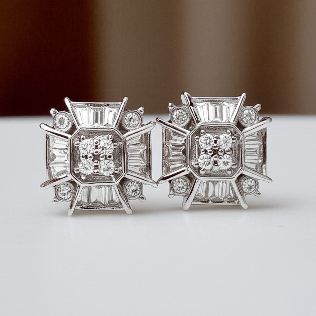 Unisex Dazzling 14K White Gold Baguette & Round CZ Stud Push Back Earrings