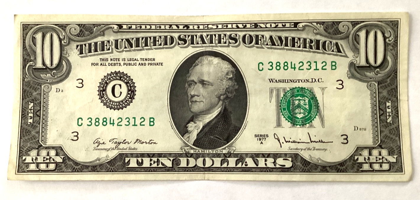 VINTAGE 1977A $10 Ten Dollar Bill Federal Reserve Note Philadelphia