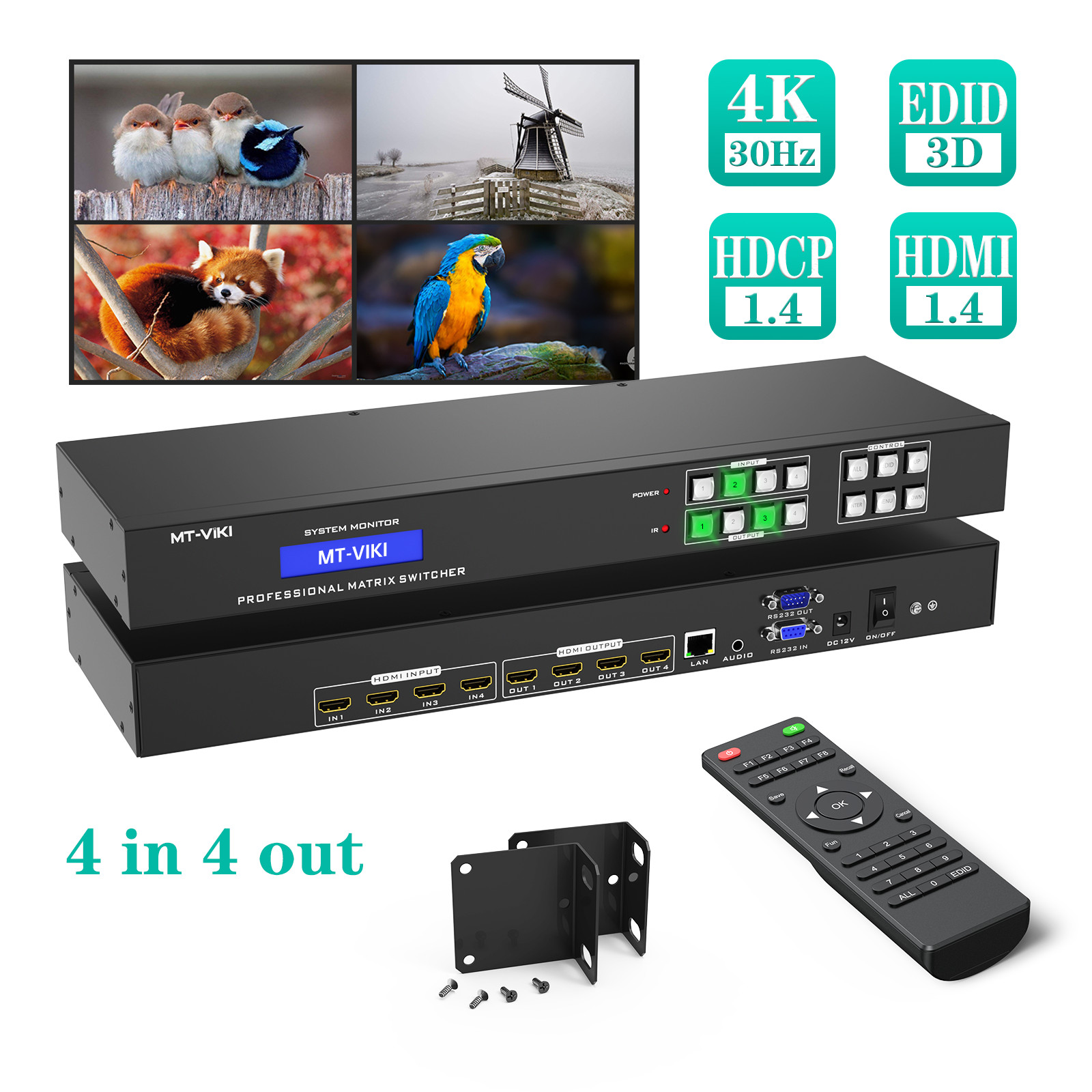 MT-VIKI 4x4 HDMI Matrix Switch 4K@30hz HDCP1.2 HDMI1.4 3D Audio Extractor IR Web