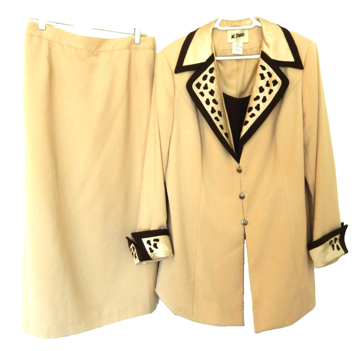 ML Studio Satin Lapel & Cuffs/Sparkle Stud Skirt Suit Set-20W, beige multi